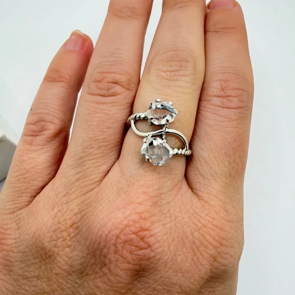 NWT‎ 8x7mm double HERKIMER diamond quartz ring w/ sterling silver rope design!